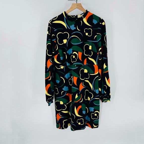 Boden Abstract Print Stand Neck Long Puff Sleeve Dress Knee Length Size 14R - Picture 2 of 10
